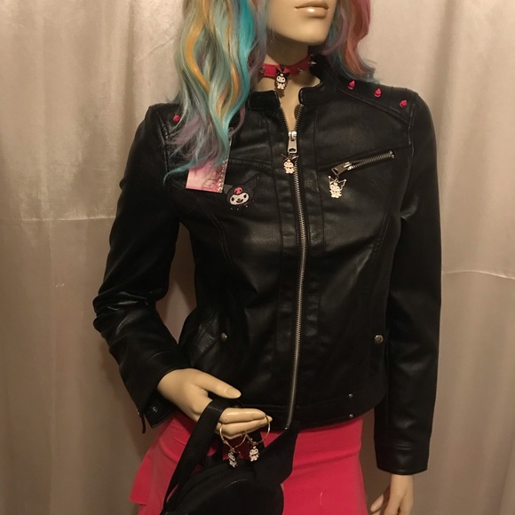vintage y2k custom kuromi motorcycle 🏍 jacket 👿chocker and Sanrio earrings 💕 - Picture 4 of 12